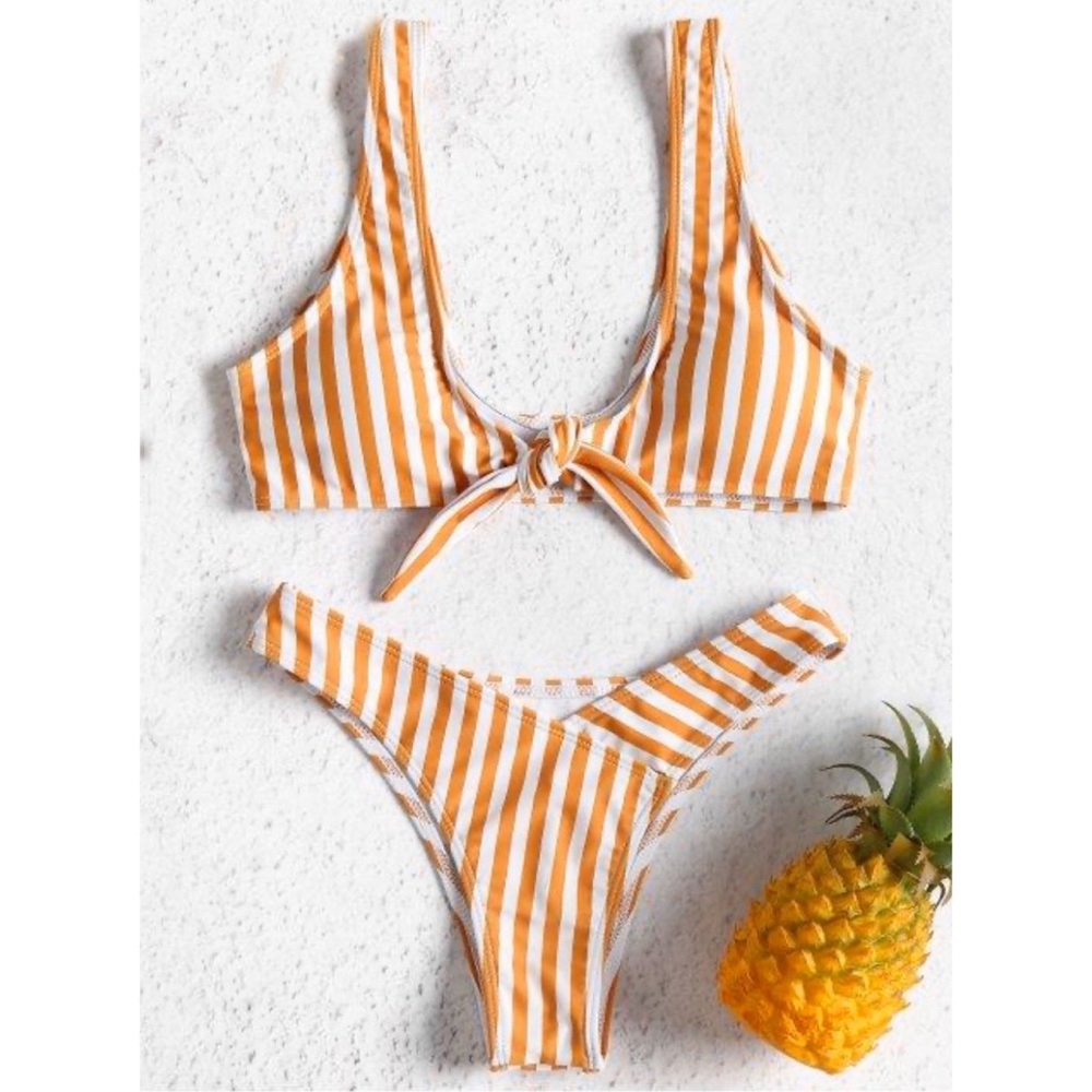 Front Knot Striped Bikini Set - Golden Brown L